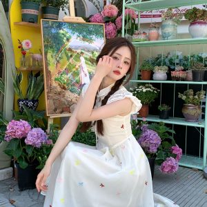 White Floral Butterfly Dress - Chinese Retro Style Long Skirt with Buttoned Sweet Waist - Vintage Inspired 90s Fashion