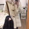 White Fluffy Collar Hooded Wool Coat for Women - Mid-Length, Thickened, Warm Winter Outerwear with Toggle Buttons