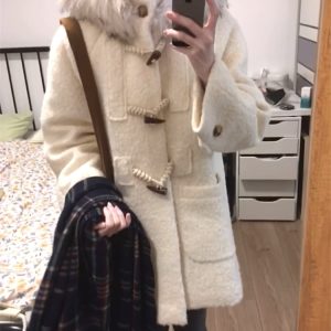 White Fluffy Collar Hooded Wool Coat for Women - Mid-Length, Thickened, Warm Winter Outerwear with Toggle Buttons