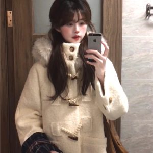 White Fluffy Collar Hooded Wool Coat for Women - Mid-Length, Thickened, Warm Winter Outerwear with Toggle Buttons
