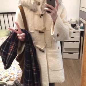 White Fluffy Collar Hooded Wool Coat for Women - Mid-Length, Thickened, Warm Winter Outerwear with Toggle Buttons