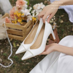 White French Style Thick-Heeled Wedding Shoes for Women - Comfortable Bridal High Heels for Everyday Wear