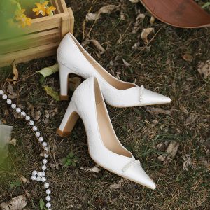 White French Style Thick-Heeled Wedding Shoes for Women - Comfortable Bridal High Heels for Everyday Wear