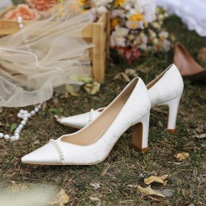 White French Style Thick-Heeled Wedding Shoes for Women - Comfortable Bridal High Heels for Everyday Wear