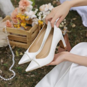 White French Style Thick-Heeled Wedding Shoes for Women - Comfortable Bridal High Heels for Everyday Wear
