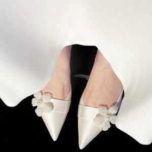 White French-Style Wedding Shoes for Brides, Elegant High-Heeled Dress Shoes, Comfortable Everyday Flats