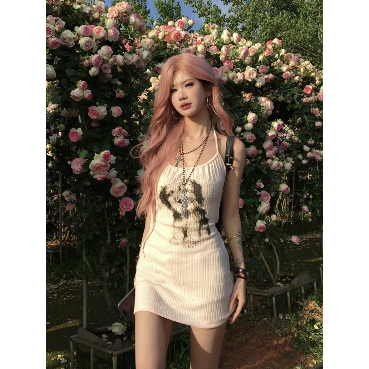 White Halter Neck Bodycon Dress for Women with Small Dog Print, Summer Slim Fit, Hip-Hugging Short Skirt, Sexy Y2K Style