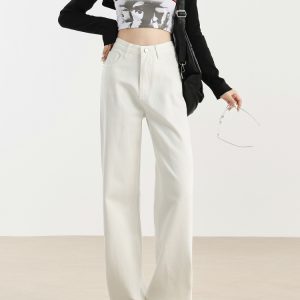 White High-Waisted Wide-Leg Fleece-Lined Jeans for Women - Loose-Fitting Draped Long Pants, 2024 Autumn Winter Style, Petite Fit