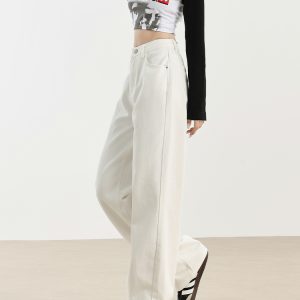 White High-Waisted Wide-Leg Fleece-Lined Jeans for Women - Loose-Fitting Draped Long Pants, 2024 Autumn Winter Style, Petite Fit
