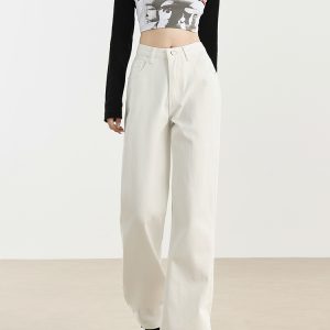 White High-Waisted Wide-Leg Fleece-Lined Jeans for Women - Loose-Fitting Draped Long Pants, 2024 Autumn Winter Style, Petite Fit