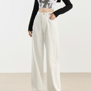 White High-Waisted Wide-Leg Fleece-Lined Jeans for Women - Loose-Fitting Draped Long Pants, 2024 Autumn Winter Style, Petite Fit