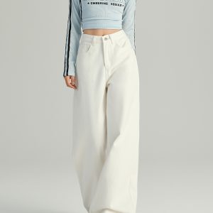 White High-Waisted Wide-Leg Jeans for Women - Loose Fit, Draped Design, Fleece-Lined, Petite Sizes, Trendy Autumn 2024 Style
