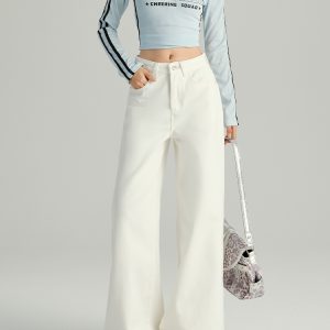 White High-Waisted Wide-Leg Jeans for Women - Loose Fit, Draped Design, Fleece-Lined, Petite Sizes, Trendy Autumn 2024 Style