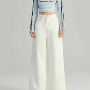 White High-Waisted Wide-Leg Jeans for Women - Loose Fit, Draped Design, Fleece-Lined, Petite Sizes, Trendy Autumn 2024 Style