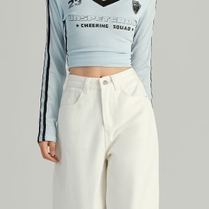 White High-Waisted Wide-Leg Jeans for Women - Loose Fit, Draped Design, Fleece-Lined, Petite Sizes, Trendy Autumn 2024 Style