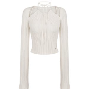 White Hollow Knit Halter Top and Skirt Set - Sweet 90s Style Pure Desire Sweater Ensemble