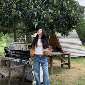 White Jade Cat Eye Summer Breeze Blue Wide-Leg Jeans - Light Comfortable Y2K Style for Effortless Summer Fashion
