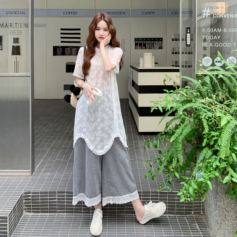 White Lace Hollow Irregular Top & Plaid Wide-Leg Pants Two-Piece Set - Elegant Summer Outfit for Women, Chic Fashion Style