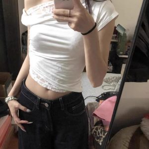 White Lace Spliced Off-Shoulder Short Sleeve Crop Top for Women - Summer Spicy Girl One-Shoulder T-Shirt, Trendy Y2K Fashion