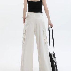 White Long Cargo Pants for Women - American Style, Summer Loose Fit, Slimming Straight-Leg Wide-Leg Design for Tall Individuals