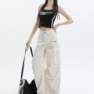 White Long Cargo Pants for Women - American Style, Summer Loose Fit, Slimming Straight-Leg Wide-Leg Design for Tall Individuals