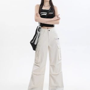 White Long Cargo Pants for Women - American Style, Summer Loose Fit, Slimming Straight-Leg Wide-Leg Design for Tall Individuals