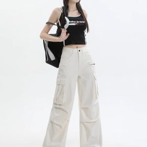 White Long Cargo Pants for Women - American Style, Summer Loose Fit, Slimming Straight-Leg Wide-Leg Design for Tall Individuals