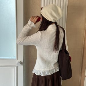 White Plush High-Neck Lace Long-Sleeve Slim-Fit Top - Snow Velvet Princess Inspired, Cozy Winter Fashion, Perfect for Layering