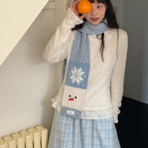 White Plush High-Neck Lace Long-Sleeve Slim-Fit Top - Snow Velvet Princess Inspired, Cozy Winter Fashion, Perfect for Layering