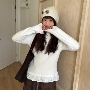 White Plush High-Neck Lace Long-Sleeve Slim-Fit Top - Snow Velvet Princess Inspired, Cozy Winter Fashion, Perfect for Layering