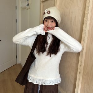 White Plush High-Neck Lace Long-Sleeve Slim-Fit Top - Snow Velvet Princess Inspired, Cozy Winter Fashion, Perfect for Layering