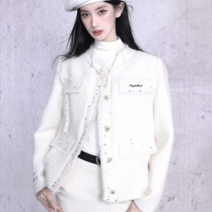 White Polka Dot Boucle Coat in Chanel Style - Elegant 90s Inspired Outerwear for Chic Fashion Lovers