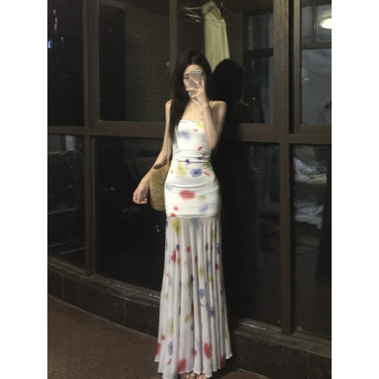 White Printed Spaghetti Strap Mermaid Dress for Women - Summer Beach Vacation, Flattering Design, Chic Style