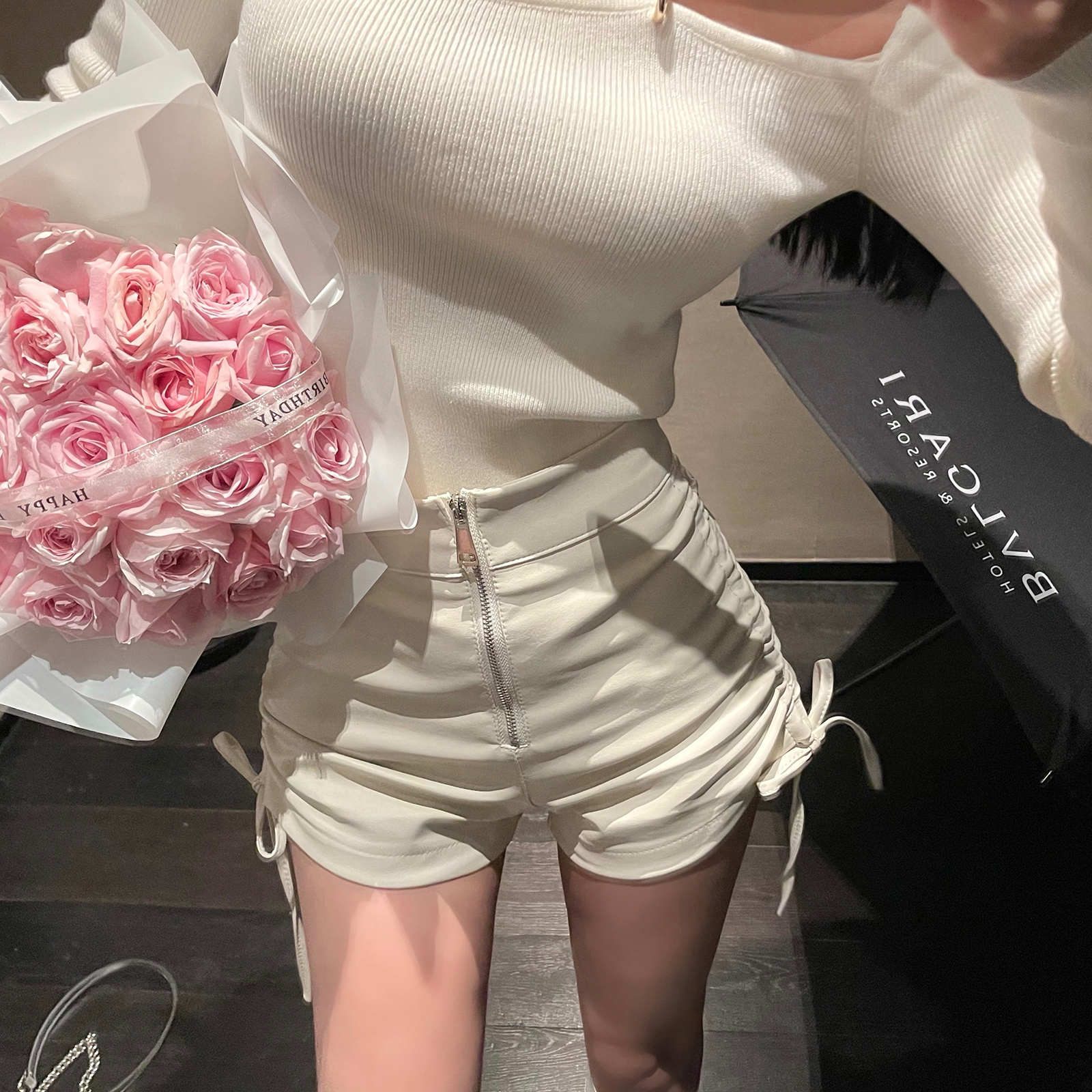 White PU Leather Drawstring Shorts for Women - Versatile Casual Pants for Autumn Winter Fashion