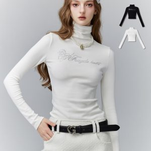 White Roaming Layered Design Rhinestone Slim Fit T-shirt - Trendy Y2K Style Top for Effortless Fashion
