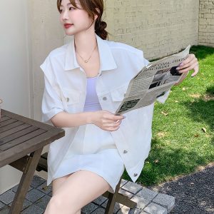 White Short Sleeve Jacket and Skirt Set for Women - 2025 Summer Casual Workwear, Hong Kong Fashion Two-Piece Ensemble