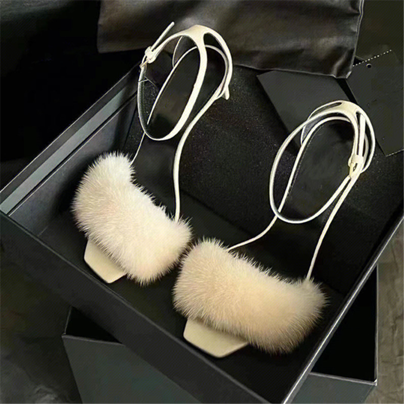 White Square-Toed High-Heeled Sandals for Women with Mink Fur Strap - Elegant Chic 2023 Style, Perfect for Y2K and Fashion-Forward Looks