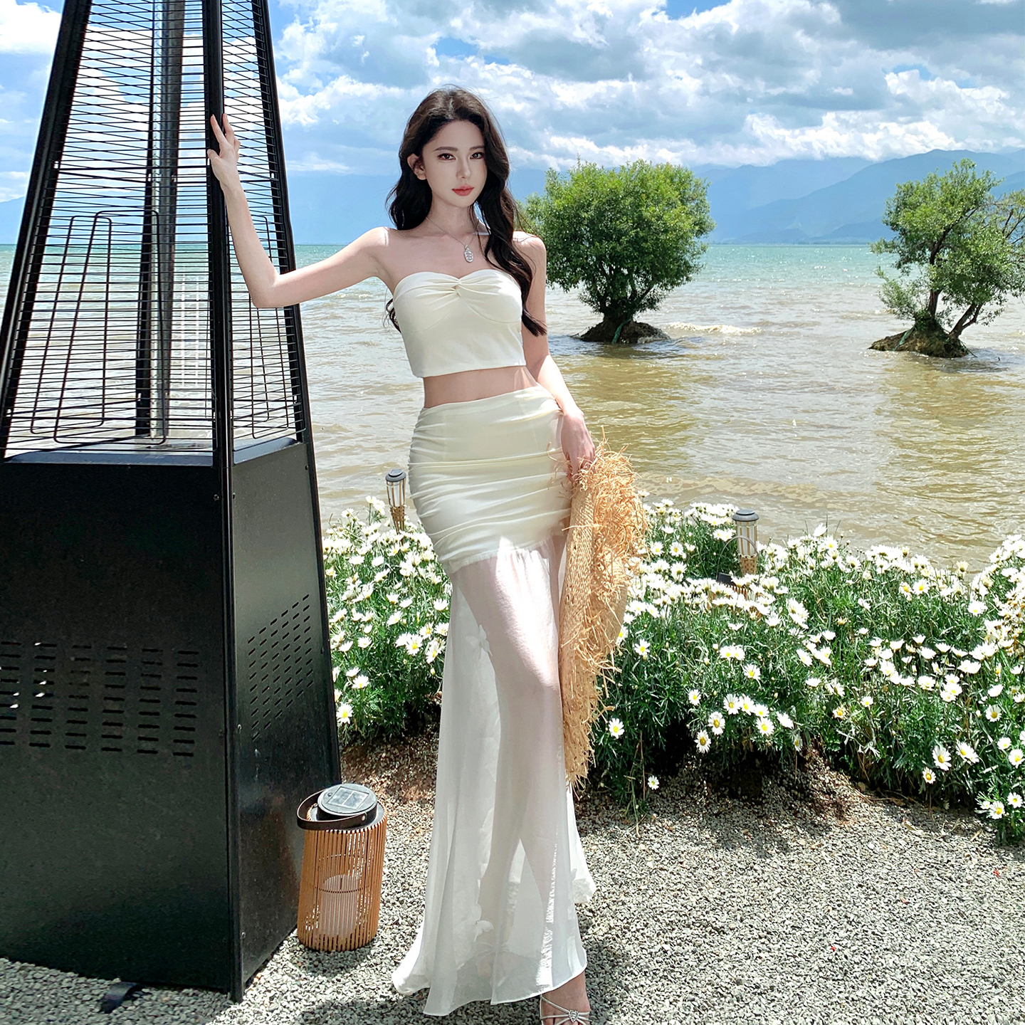 White Strapless Two-Piece Long Dress with Transparent Mesh Half Skirt - Summer Beach Vacation Outfit