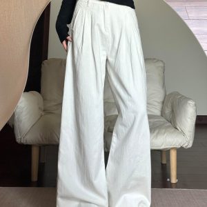 White Textured High-Waisted Wide-Leg Jeans for Women, Summer Casual Loose-Fitting Draped Straight-Leg Long Pants