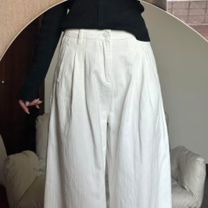 White Textured High-Waisted Wide-Leg Jeans for Women, Summer Casual Loose-Fitting Draped Straight-Leg Long Pants