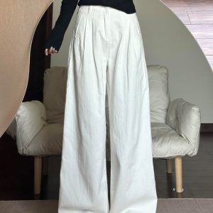 White Textured High-Waisted Wide-Leg Jeans for Women, Summer Casual Loose-Fitting Draped Straight-Leg Long Pants