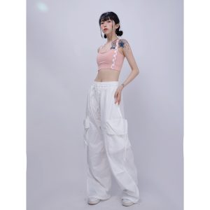 White Thin Cargo Pants for Women - Elastic Waist Jazz Dance Sports Casual Trousers, European and American Style