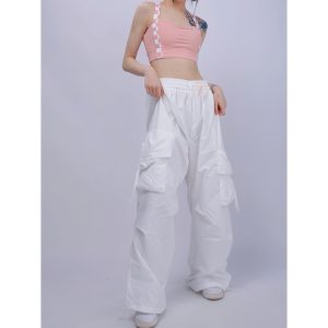 White Thin Cargo Pants for Women - Elastic Waist Jazz Dance Sports Casual Trousers, European and American Style