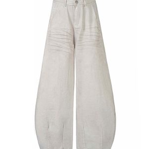 White Wide-Leg Casual Pants with Scratched Cat Whiskers - Baggy Curved Blade Design for Y2K and 90s Inspired Style