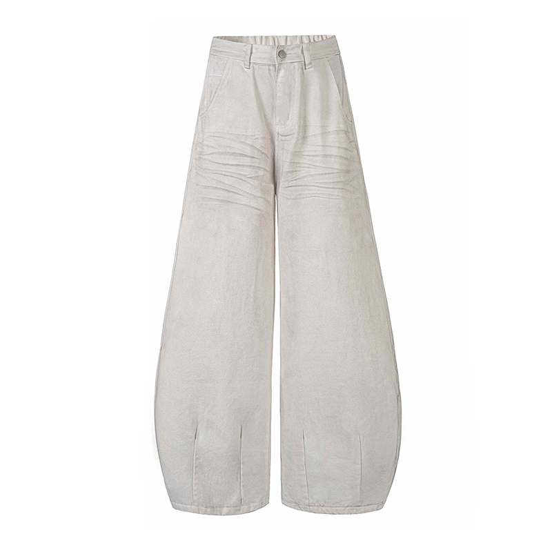 White Wide-Leg Casual Pants with Scratched Cat Whiskers - Baggy Curved Blade Design for Y2K and 90s Inspired Style