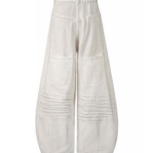 White Wide-Leg Casual Pants with Scratched Cat Whiskers - Baggy Curved Blade Design for Y2K and 90s Inspired Style