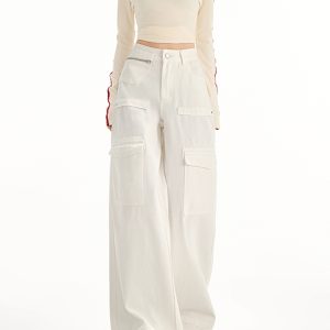 White Wide-Leg Denim Pants for Women, High-Waisted Casual Trousers with Multi-Pockets, Spring/Summer 2025 Fashion