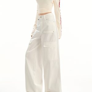 White Wide-Leg Denim Pants for Women, High-Waisted Casual Trousers with Multi-Pockets, Spring/Summer 2025 Fashion