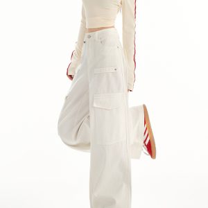 White Wide-Leg Denim Pants for Women, High-Waisted Casual Trousers with Multi-Pockets, Spring/Summer 2025 Fashion