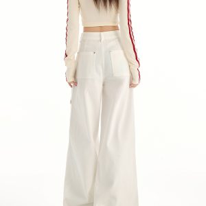 White Wide-Leg Denim Pants for Women, High-Waisted Casual Trousers with Multi-Pockets, Spring/Summer 2025 Fashion